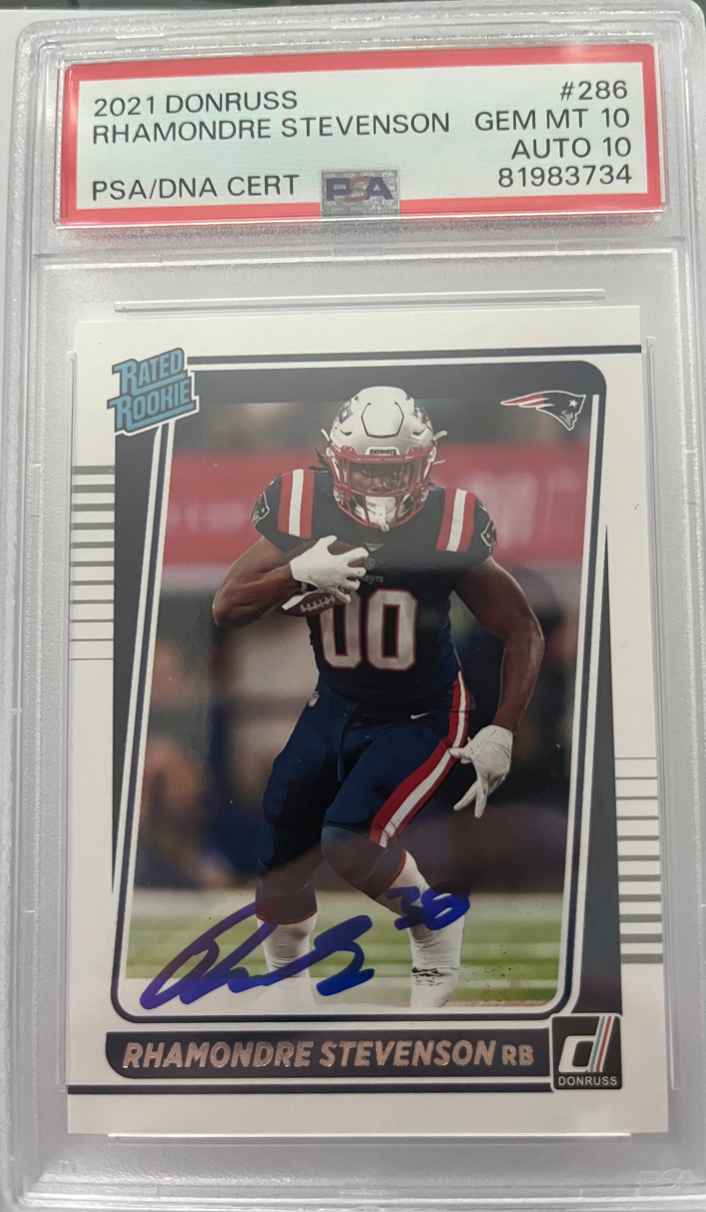 2021 Donruss Rated Rookie Rhamondre Stevenson On Card PSA/DNA Auto/Card GEM MINT 10