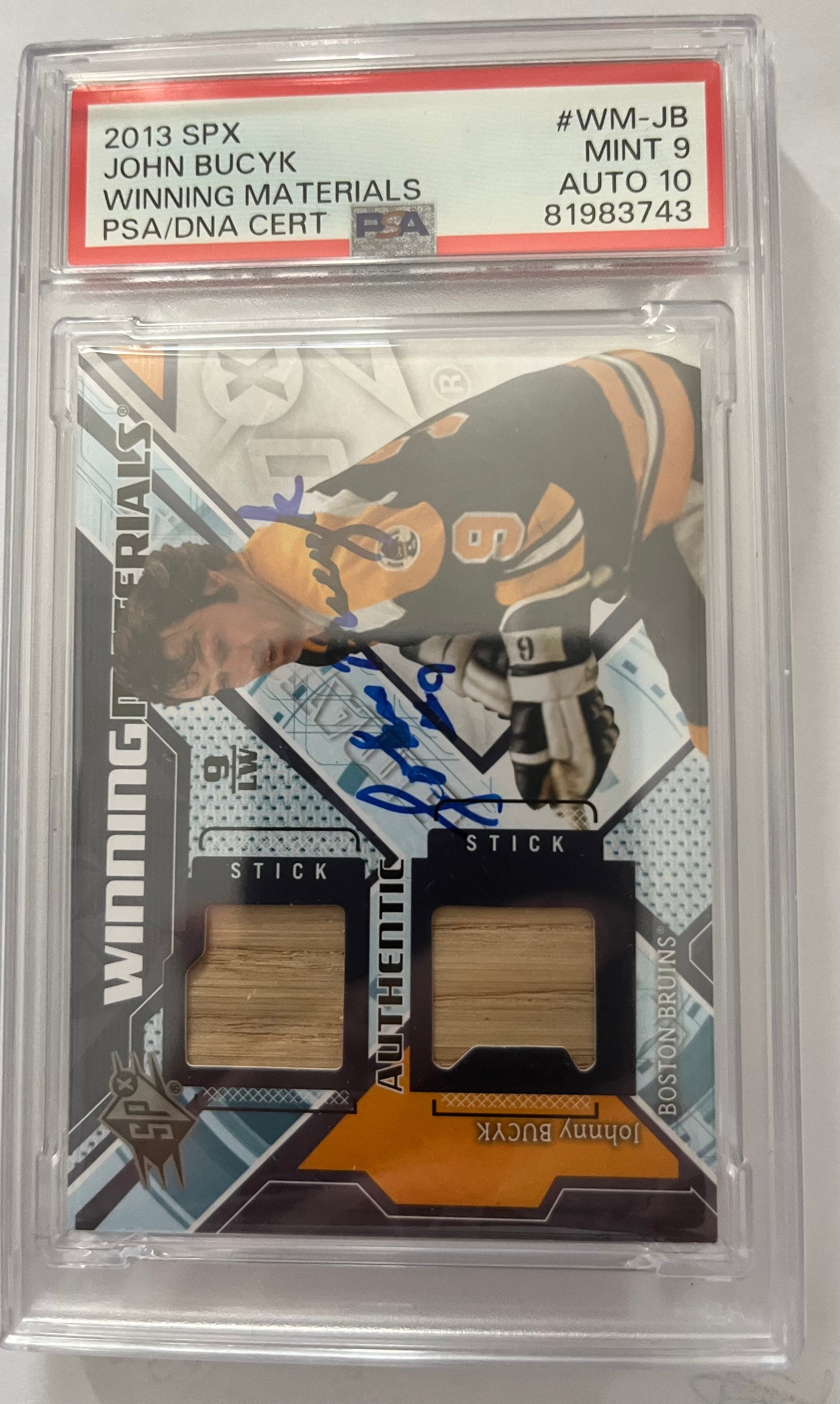 2013-14 JOHN BUCYK SPX WINNING MATERIALS TWO RELICS PSA 10 AUTO