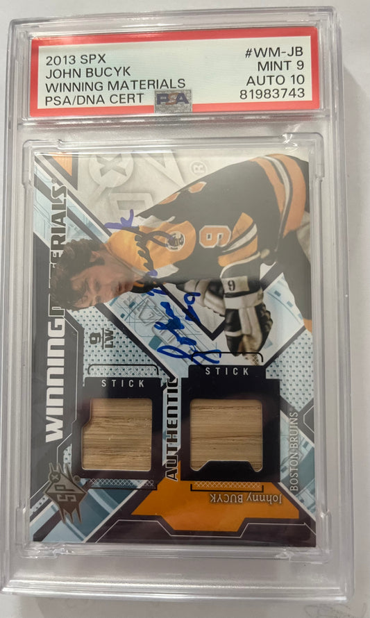 2013-14 JOHN BUCYK SPX WINNING MATERIALS TWO RELICS  PSA 10 AUTO