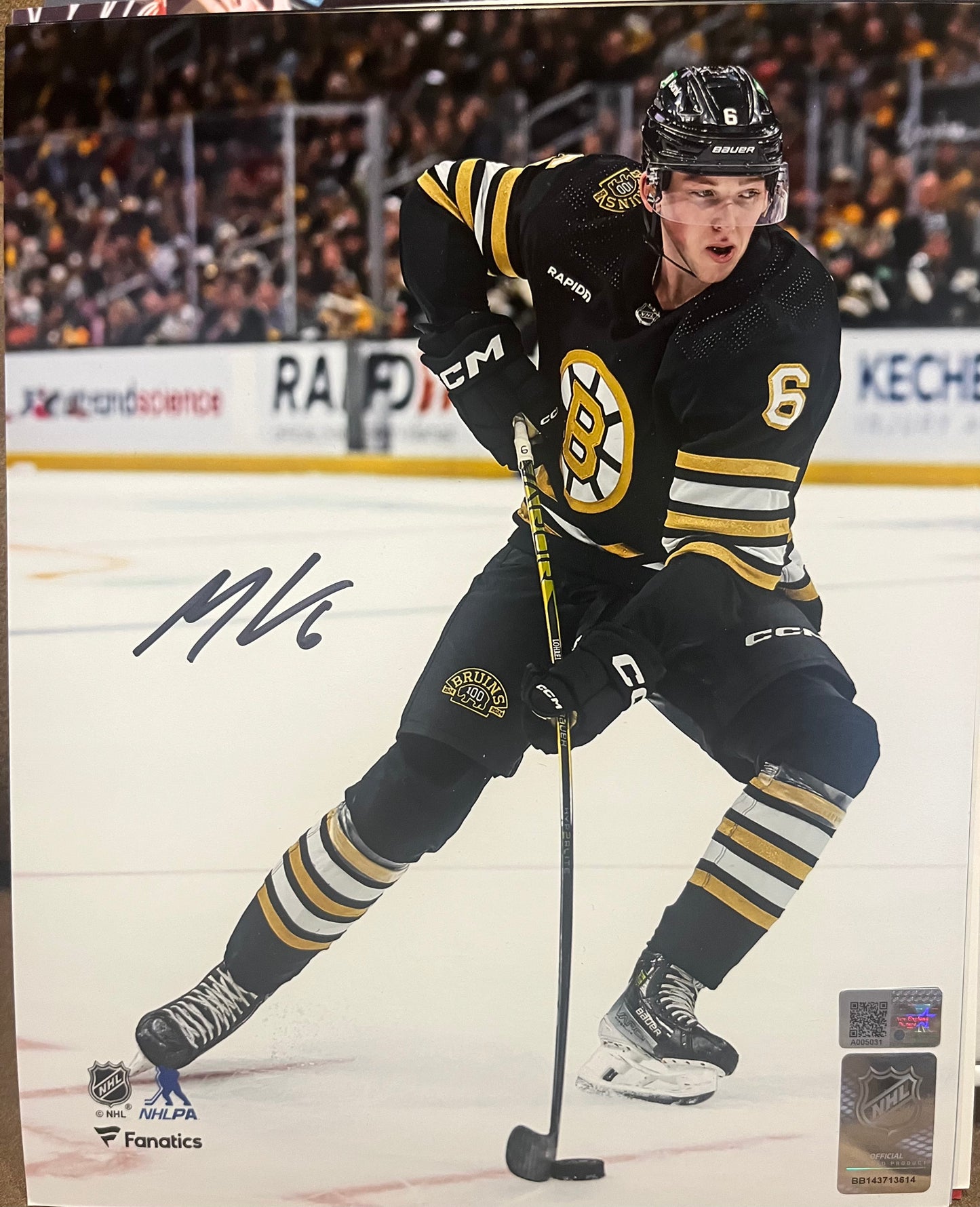 Mason Lohrei signed 8x10 with NEP Cert Boston Bruins