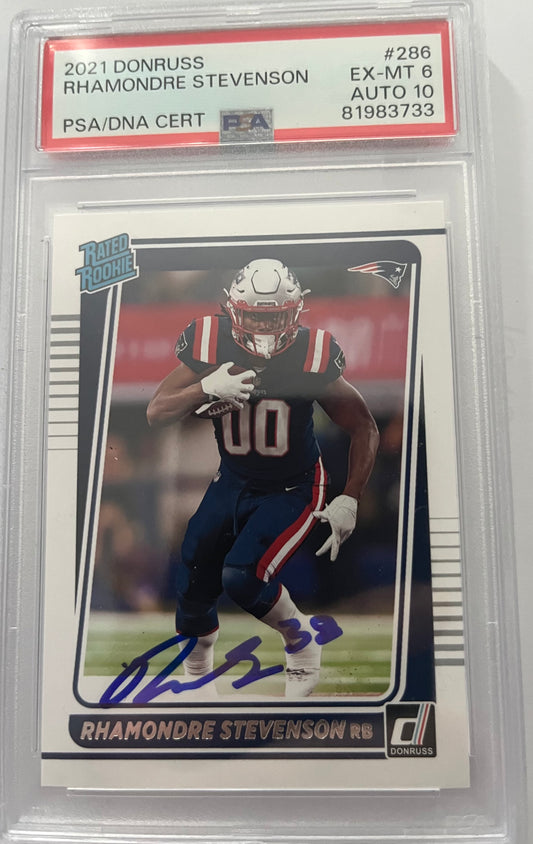 2021 Donruss Rated Rookie Rhamondre Stevenson On Card PSA/DNA Auto GEM MINT 10