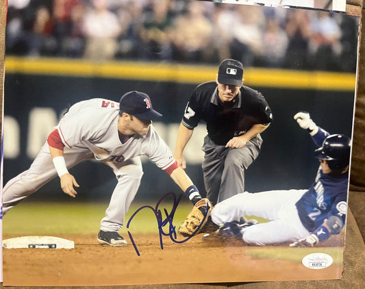 Dustin Pedroia Signed 8x10 fielding RED SOX WS Champ   JSA