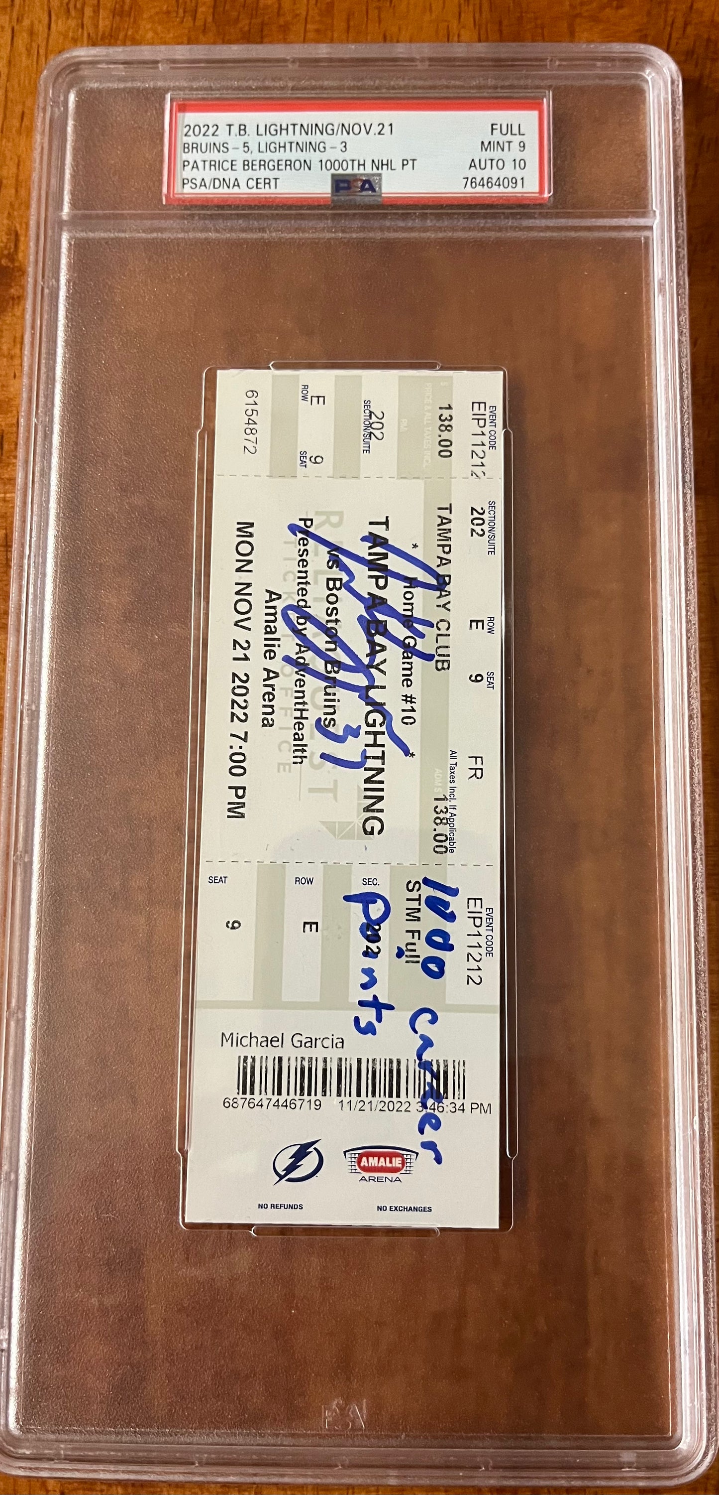 Bruins Patrice Bergeron signed and PSA/DNA slabbed graded 1000th career point ticket RARE