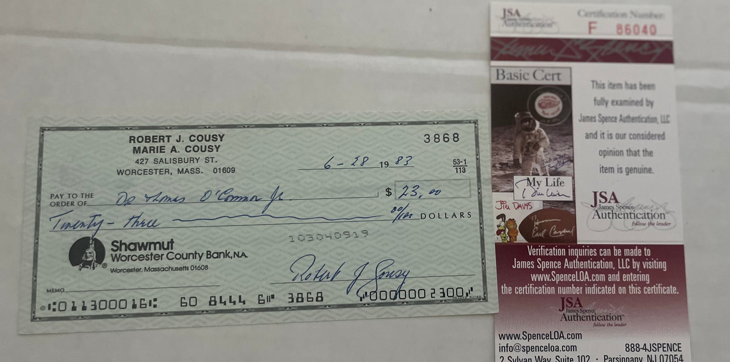 CELTICS HOF LEGEND BOB COUSY SIGNED CHECK W/JSA