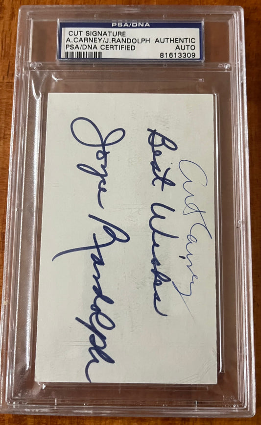 Honeymooners Art Carney anf Joyce Randolph signed index card Deceased