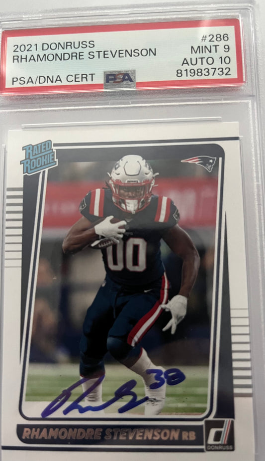 2021 Donruss Rated Rookie Rhamondre Stevenson On Card PSA/DNA Auto GEM MINT 10