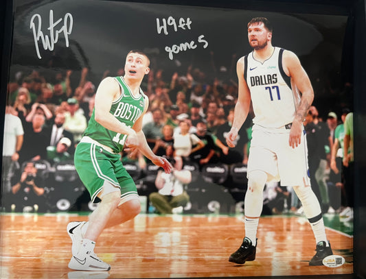 PEYTON PRICHARD SIGNED 11x14 GAME 5 HALF COURT SHOT WITH 2 INSCRIPTIONS ON METALLIC PAPER