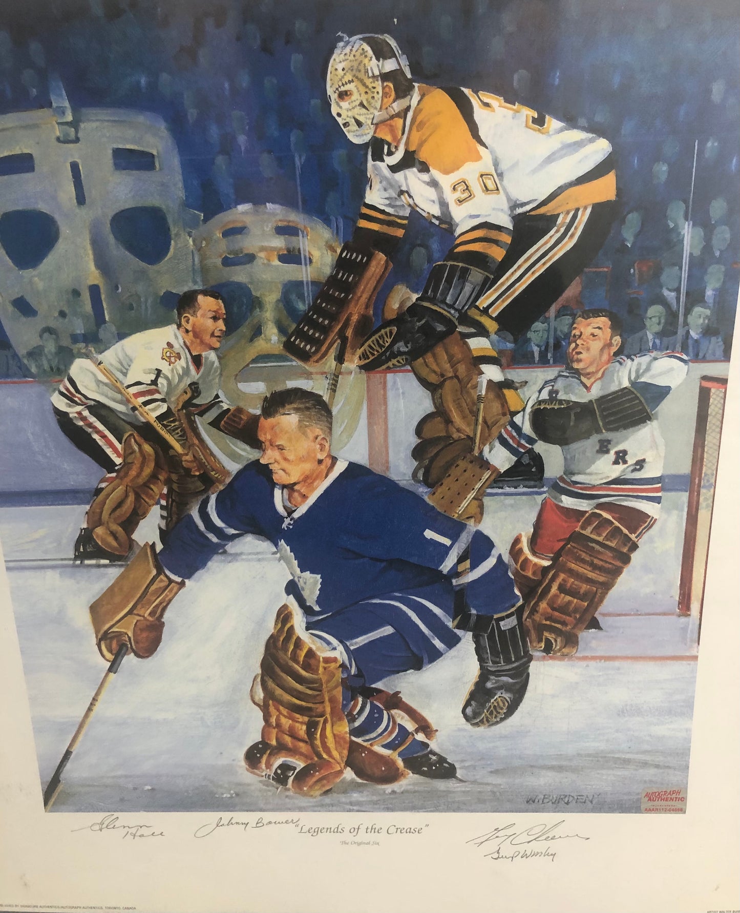 Goaltending Legends lithograph signed by Cheevers, Hall, Worsley (decd), Bower (decd) with Cert