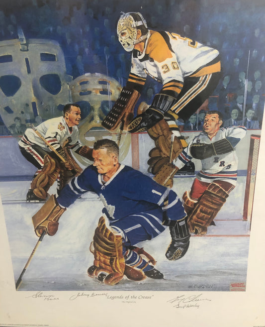 Goaltending Legends lithograph signed by Cheevers, Hall, Worsley (decd), Bower (decd) with Cert