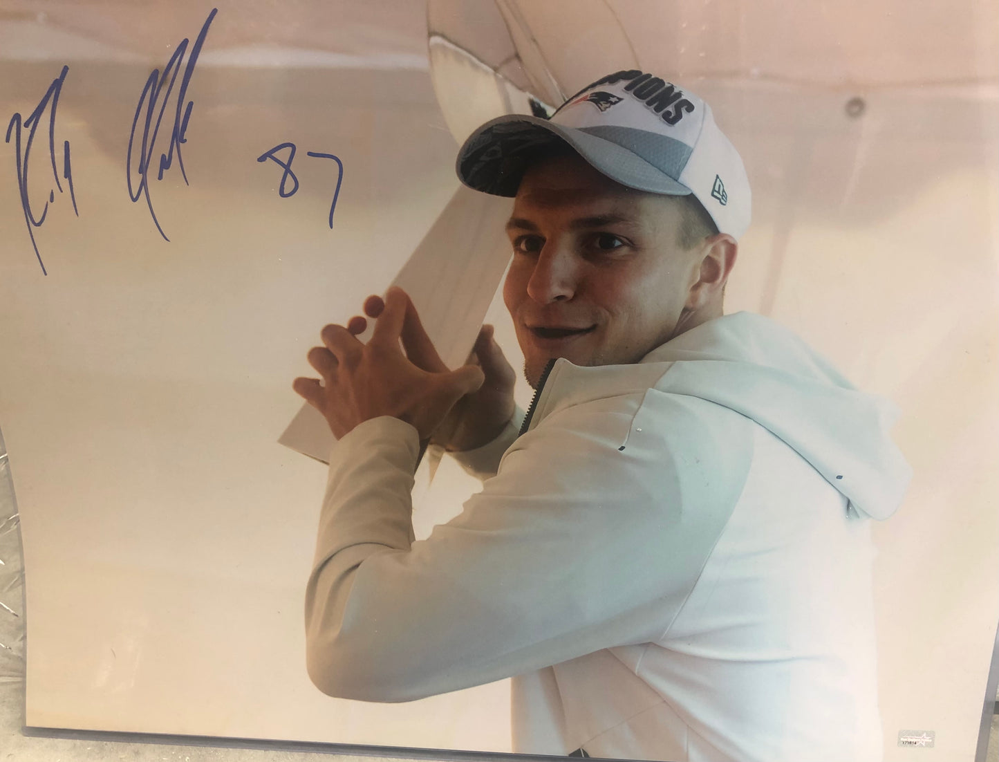 Rob Gronkowski signed metallic 16x20 "denting the Lombardi Trophy" with NEP Cert