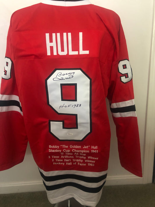 Black Hawks Bobby Hull signed custom stat Jersey with JSA cert