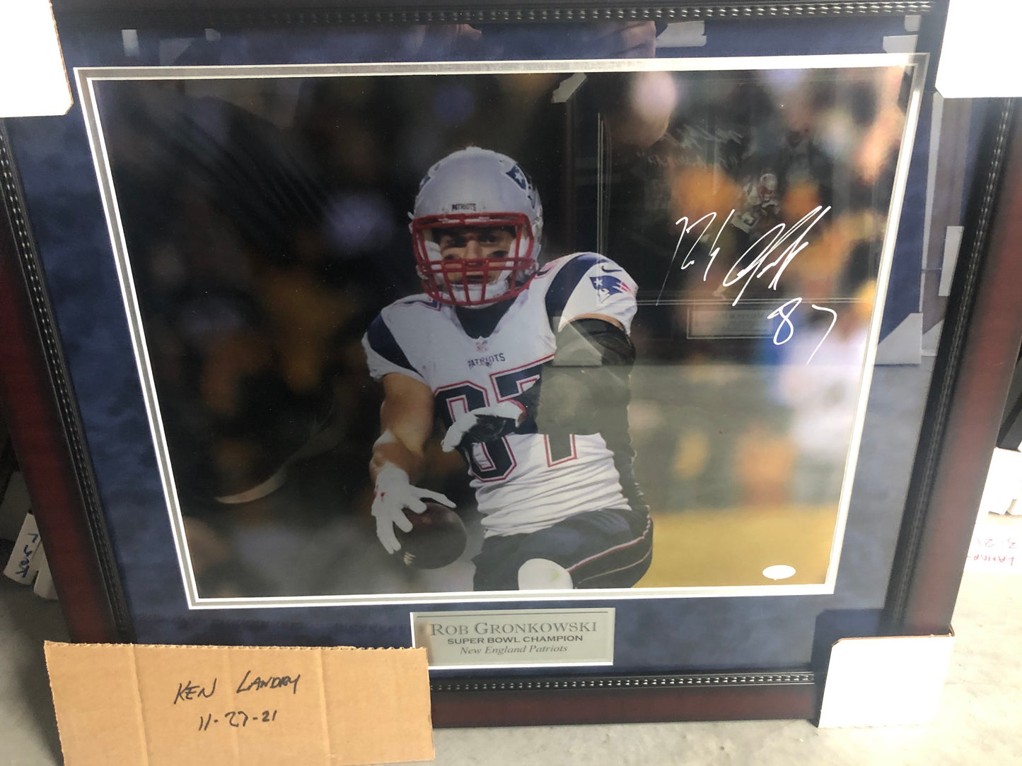 Rob Gronkowski signed and framed 16x20 metal plate withn JSA Witness Spike