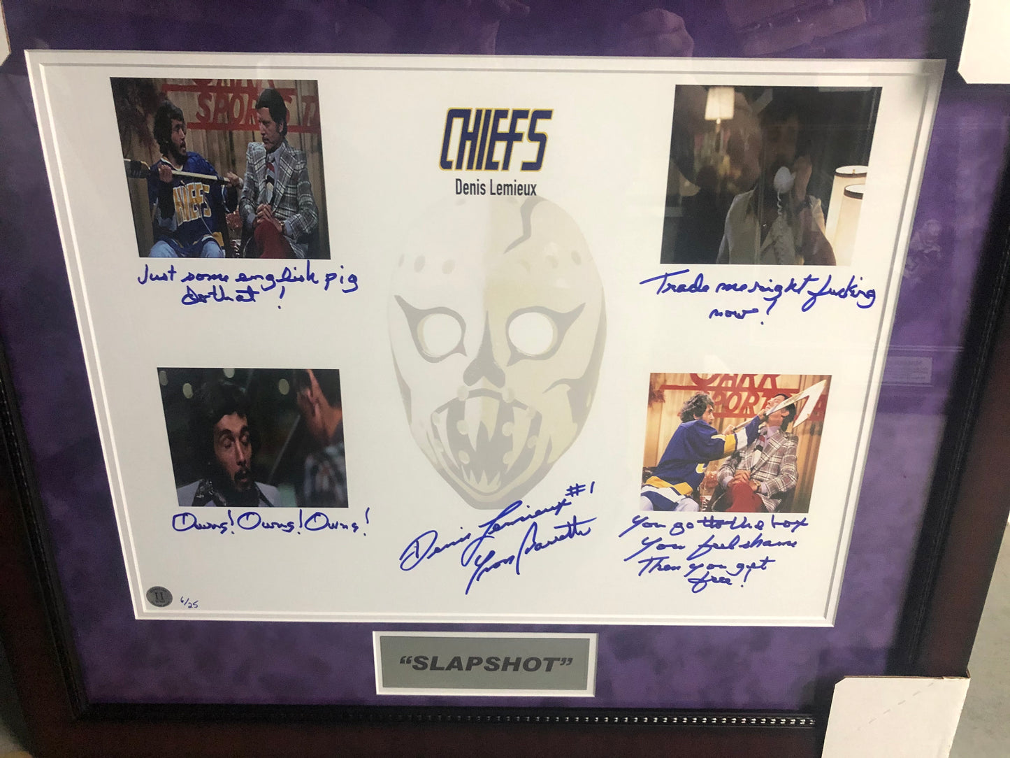 Slap Shot "Dennis Lemieux" Yvon Barrette LTD framed 16x20 with 5 inscriptions