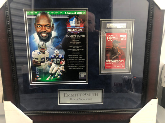 Emmitt Smith custom fromed HOF piece with signed and slabbed golf ticket PSA