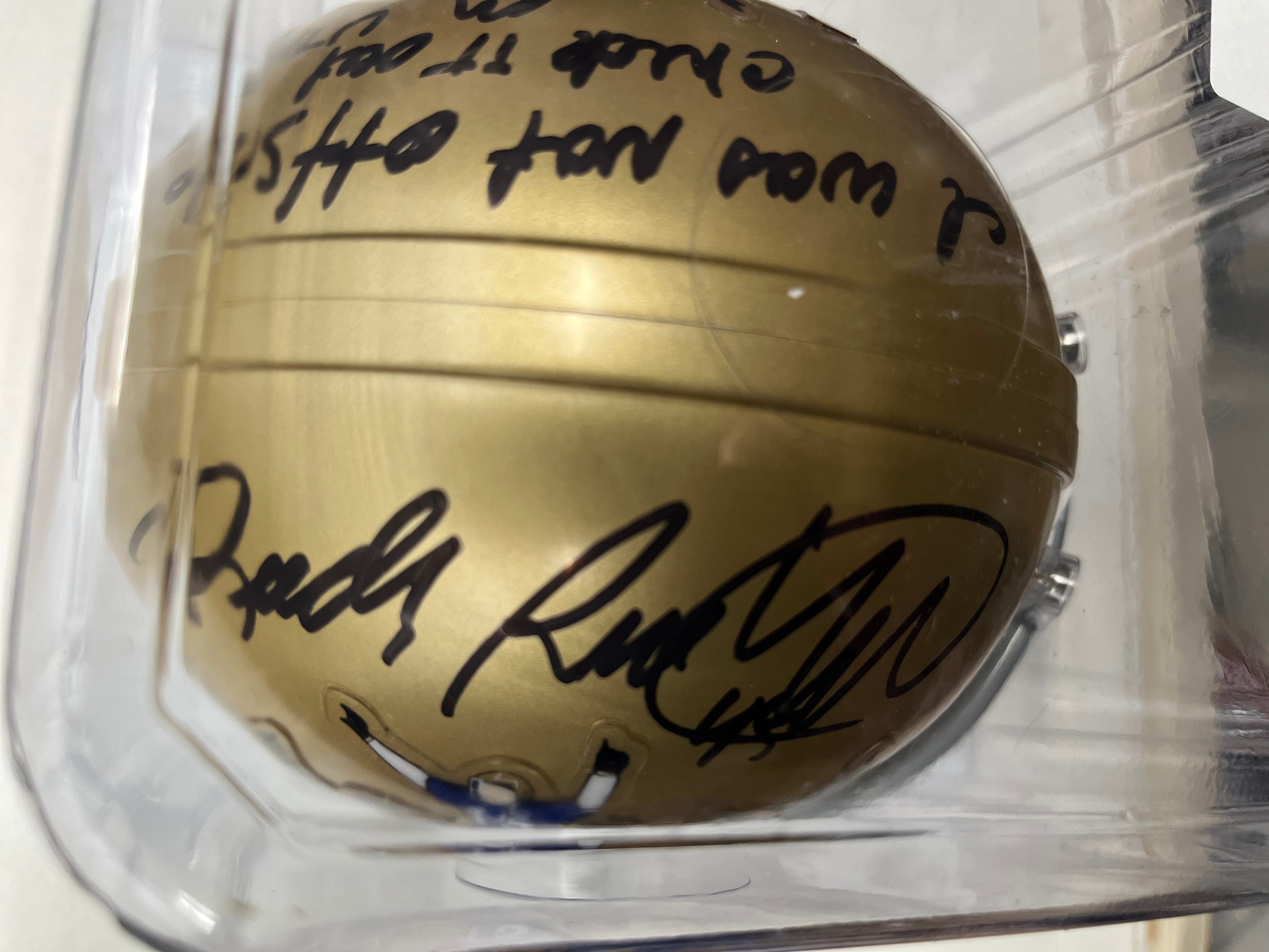 Rudy Ruettiger Autographed Notre Dame Helmet with Tunnel Story