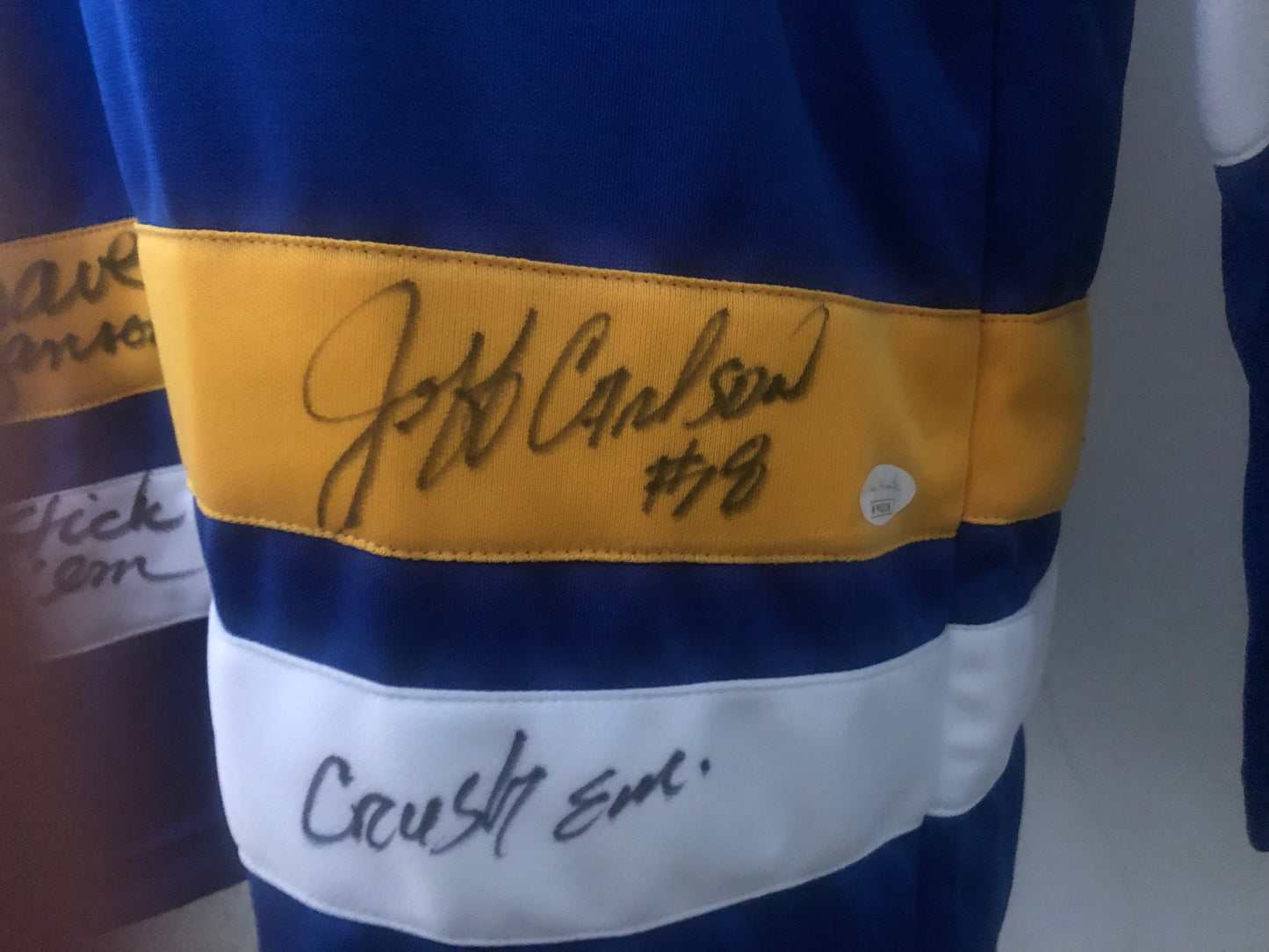 Slap Shot's  Hanson Brothers triple signed custom jersey with inscriptions and JSA