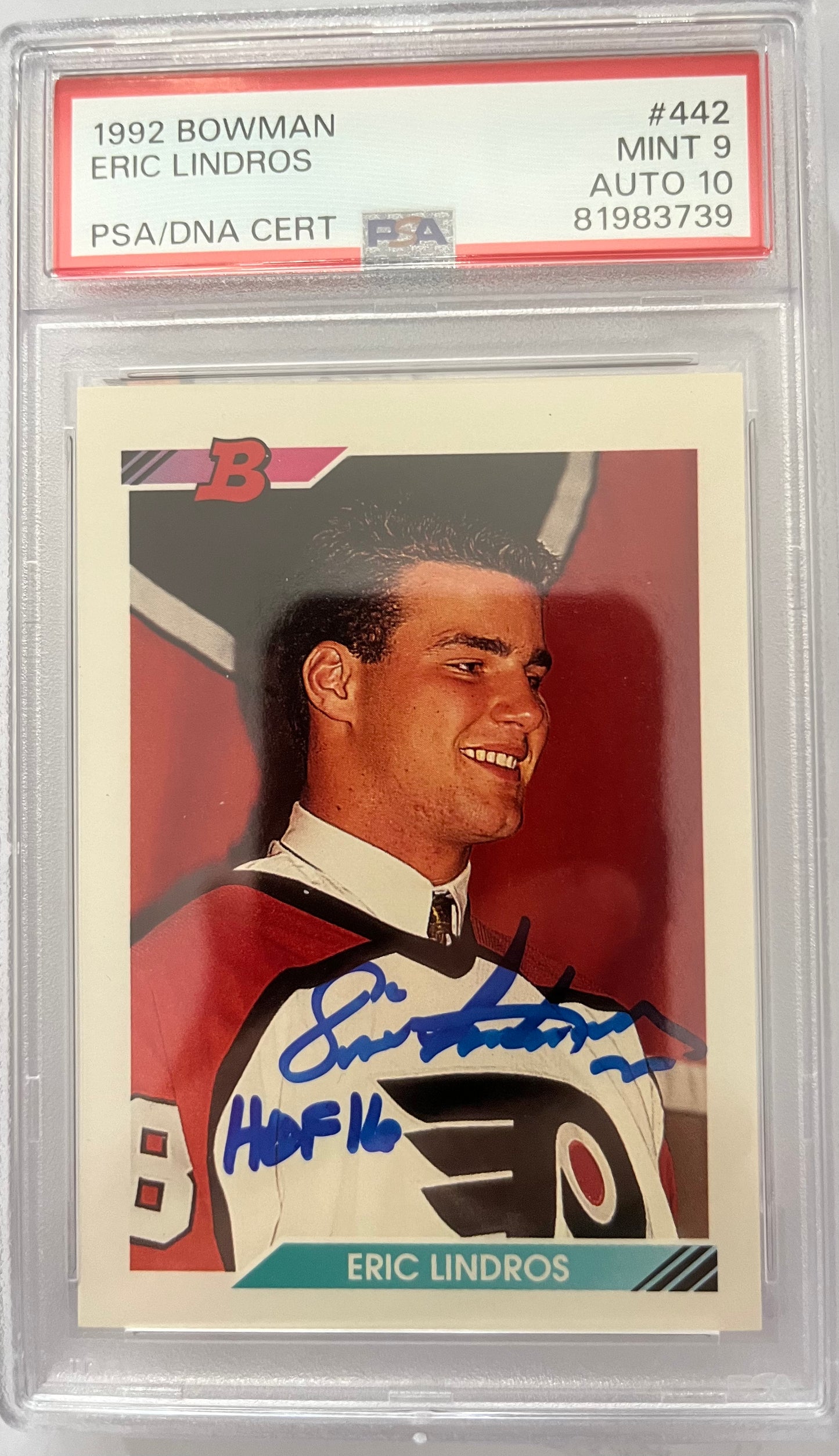1992-93 Bowman ERIC LINDROS Rookie Card RC signed with HOF INS JSA PSA 10  POP 1