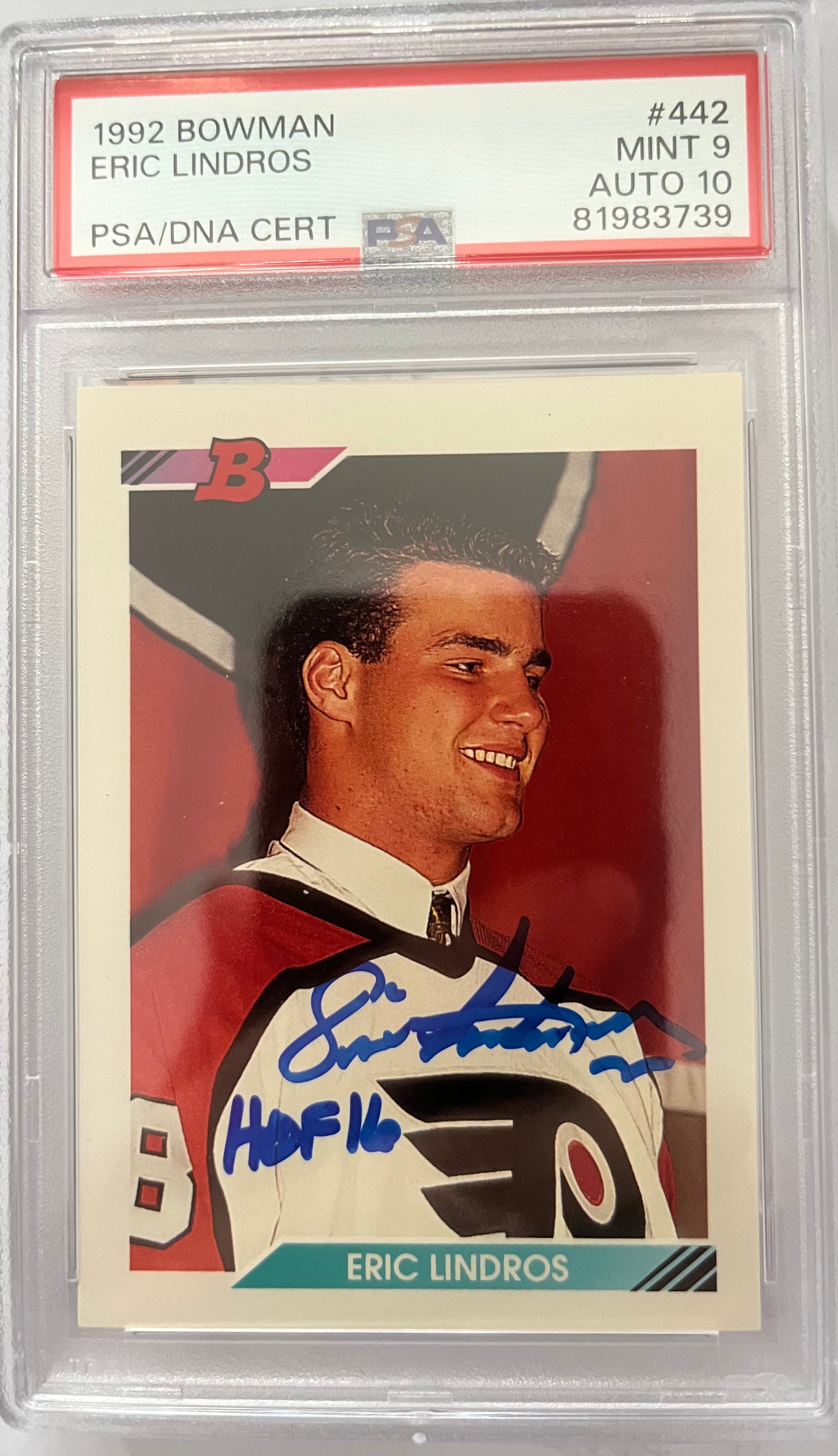 Eric Lindos Rookie 1992-93 Bowman ERIC LINDROS Rookie Card RC signed with HOF INS JSA PSA ...