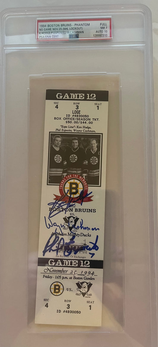 1994 Bruins ESPO LINE full ticket signed by  Esposito, Cashman & Hodge.