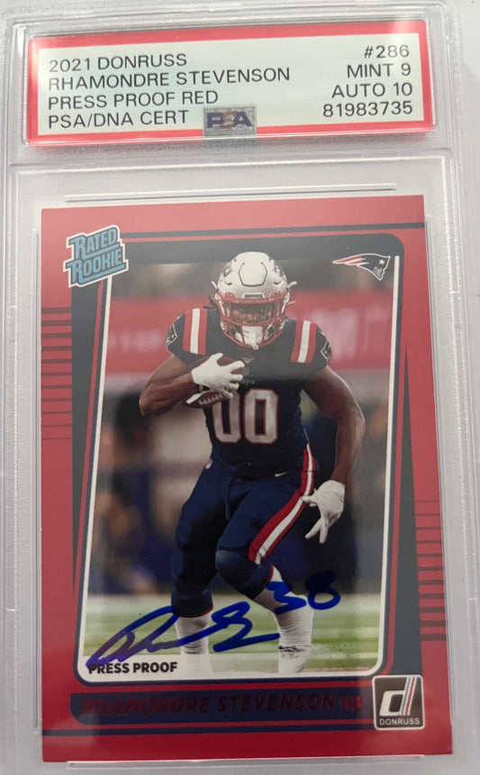 2021 Donruss Rated Rookie Rhamondre Stevenson On Card PSA/DNA Auto GEM MINT 10 Press Proof Red POP 1