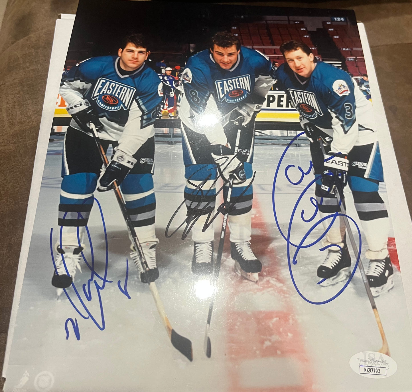 Mark Recchi, Eric Lindros & Garry Galley triple signed Flyers AS photo   JSA