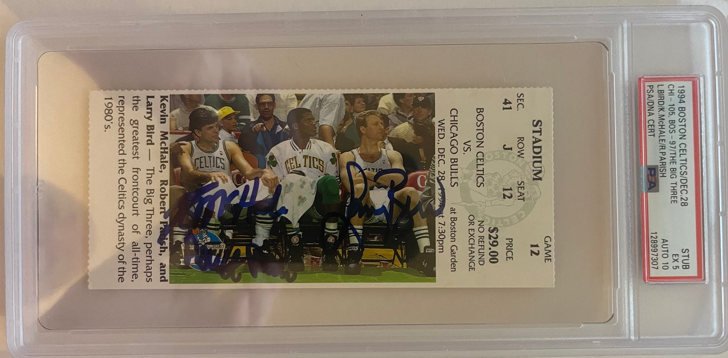 CELTICS BIG 3 Signed 1994 full sized ticket by Bird, McHale & Parish