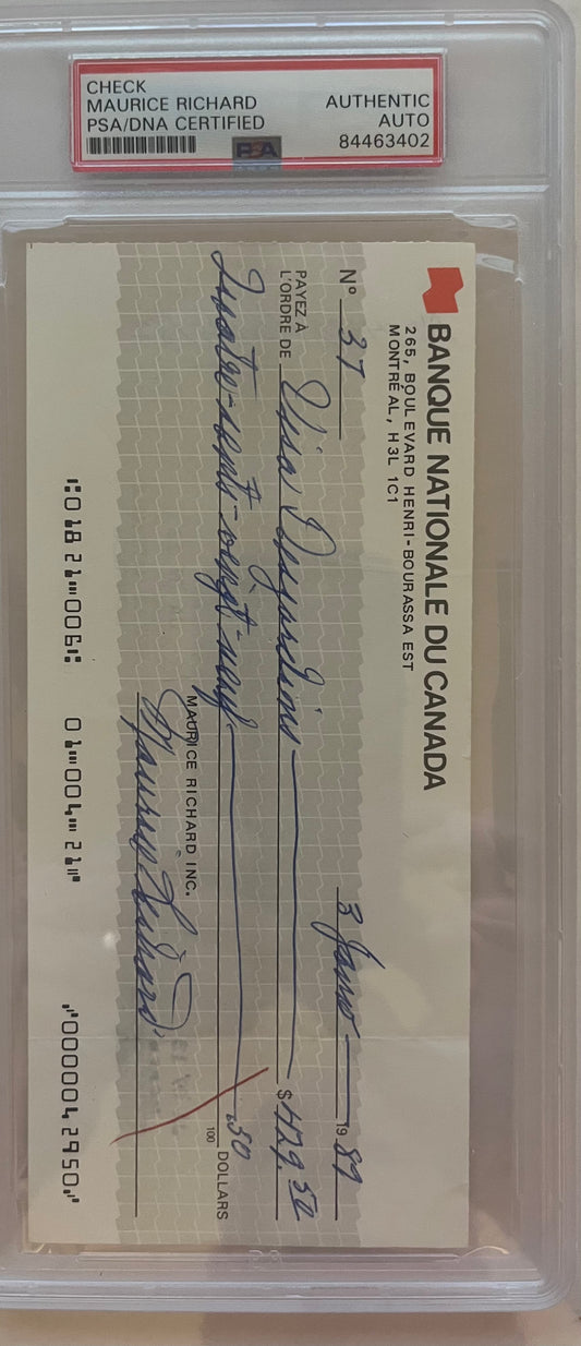 Maurice Richard signed check Deceased Montreal Legend