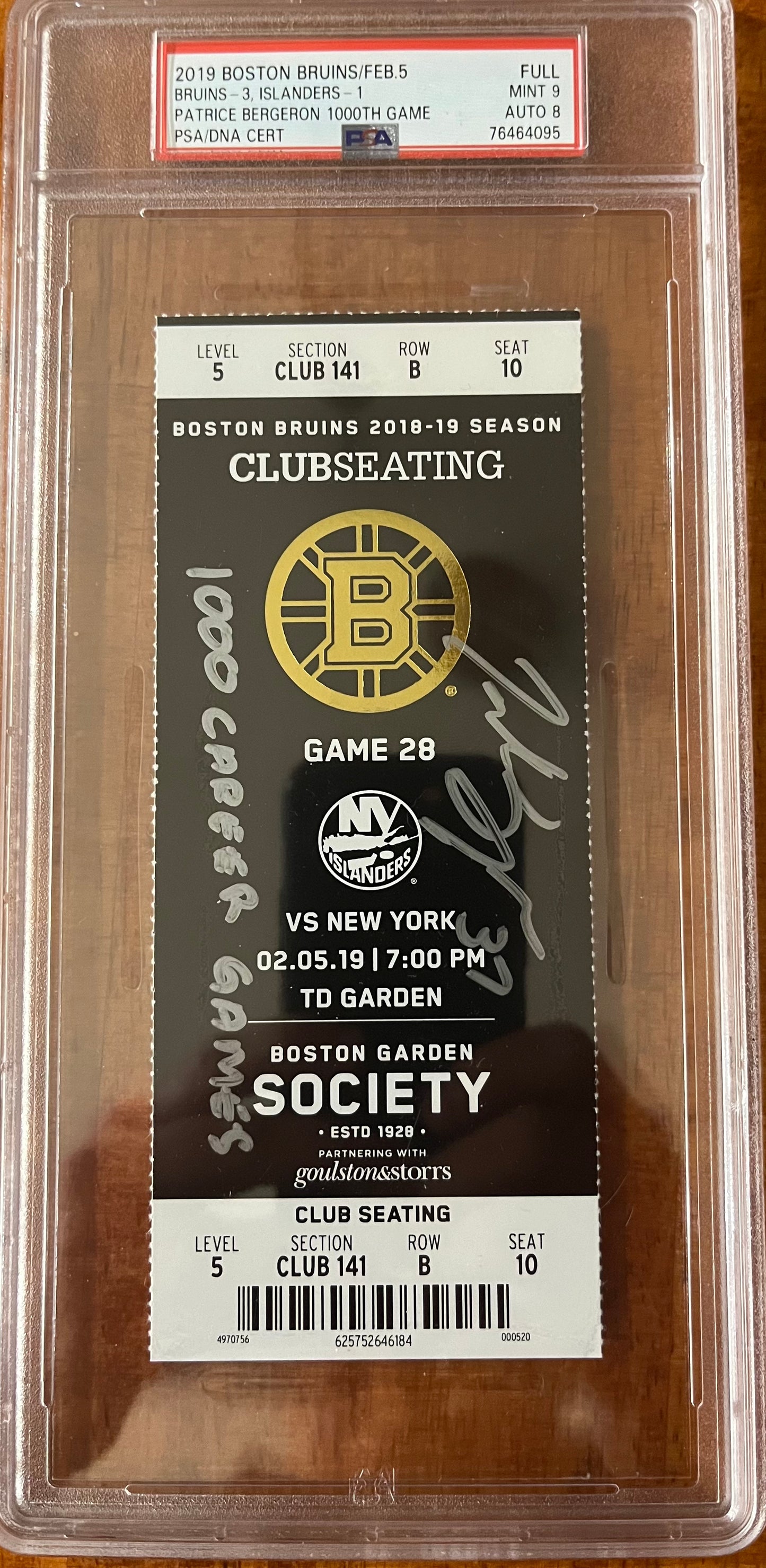 Bruins Patrice Bergeron signed and PSA/DNA slabbed graded 1000th game ticket RARE