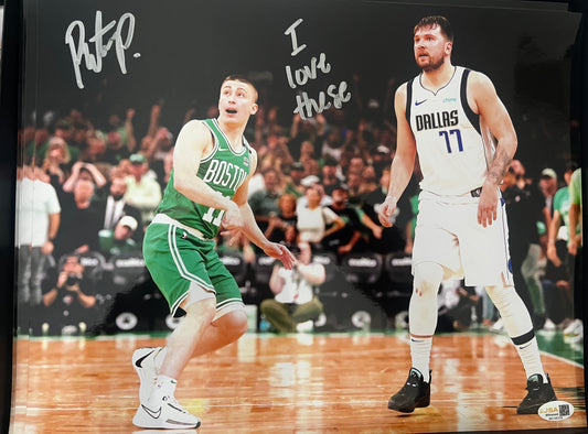 PEYTON PRICHARD SIGNED 11x14 GAME 5 HALF COURT SHOT W/I LOVE THESE inscription on METALLIC PAPER
