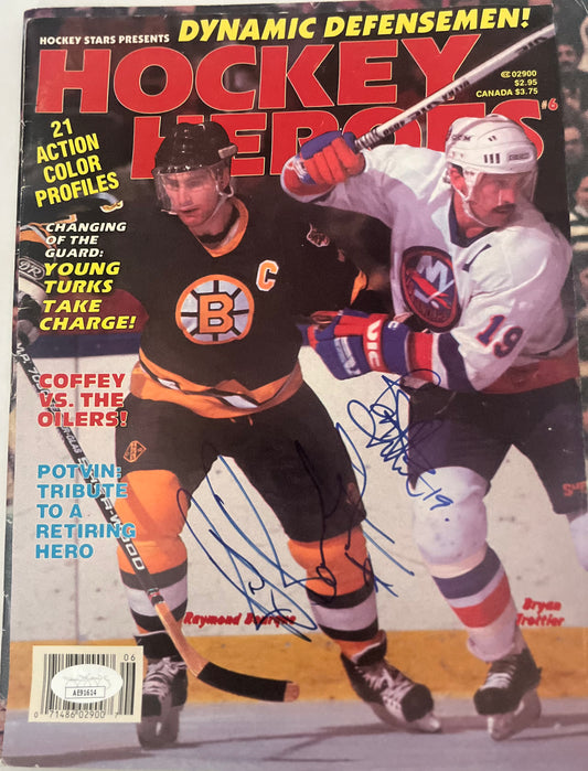 HOF RAY BOURQUE &  BRYAN TROTTIER SIGNED HOCKEY HEROS COVER W/JSA