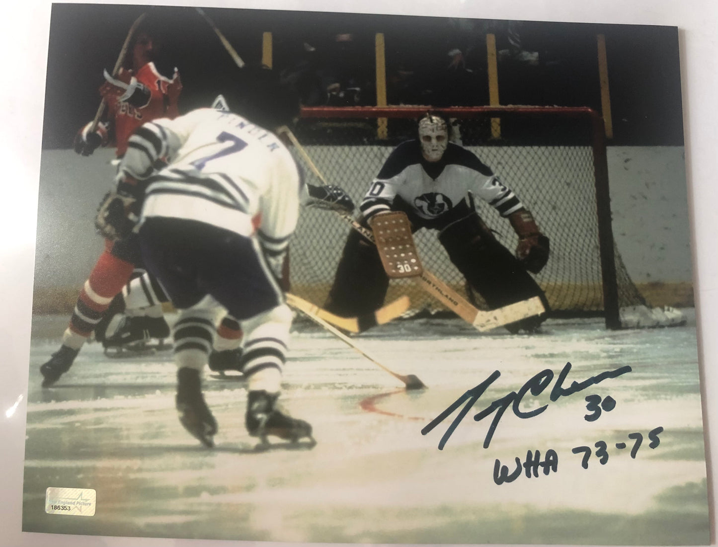 Bruins HOF Gerry Cheevers signed 8x10  Rare WHA Photo