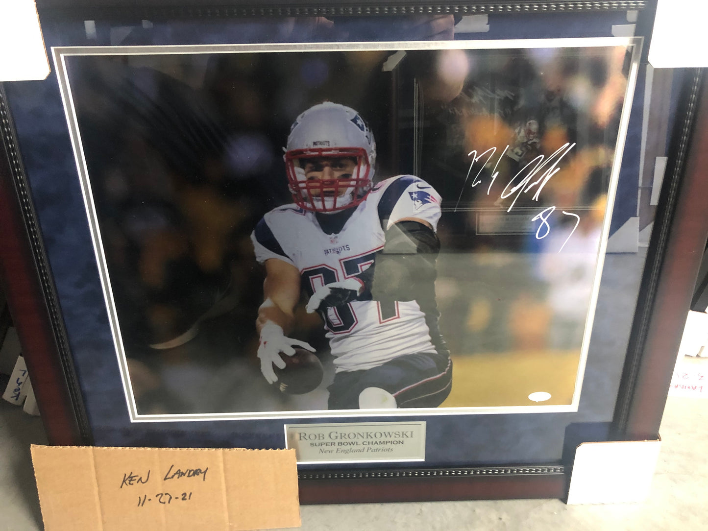 Rob Gronkowski signed and framed 16x20 metal plate with JSA Witness (1)