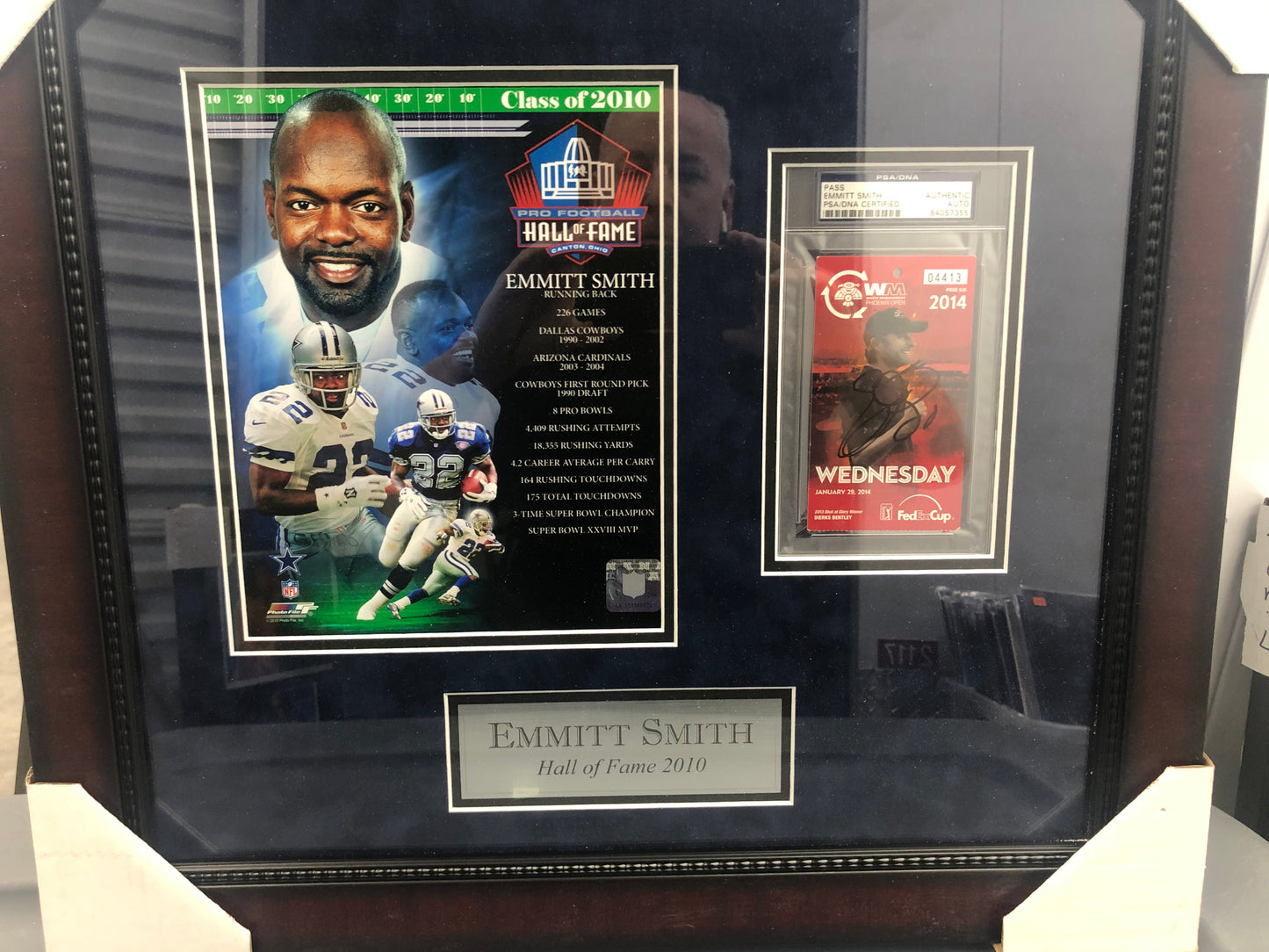 Emmitt Smith custom fromed HOF piece with signed and slabbed  golf ticket  PSA