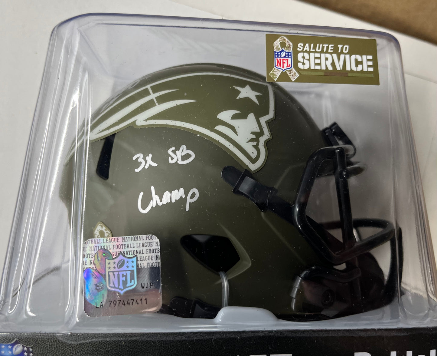Patroits James White signed "Salute to Service" mini helmet with inscription