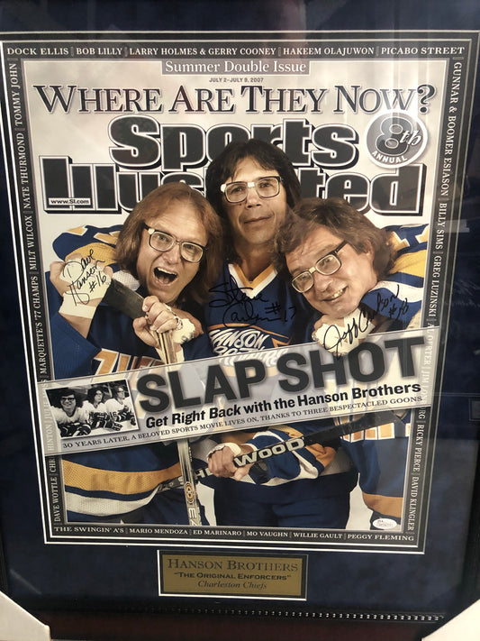 Slap Shot "Hanson Bros"triple signed and framed 16x20 photo with JSA Witness