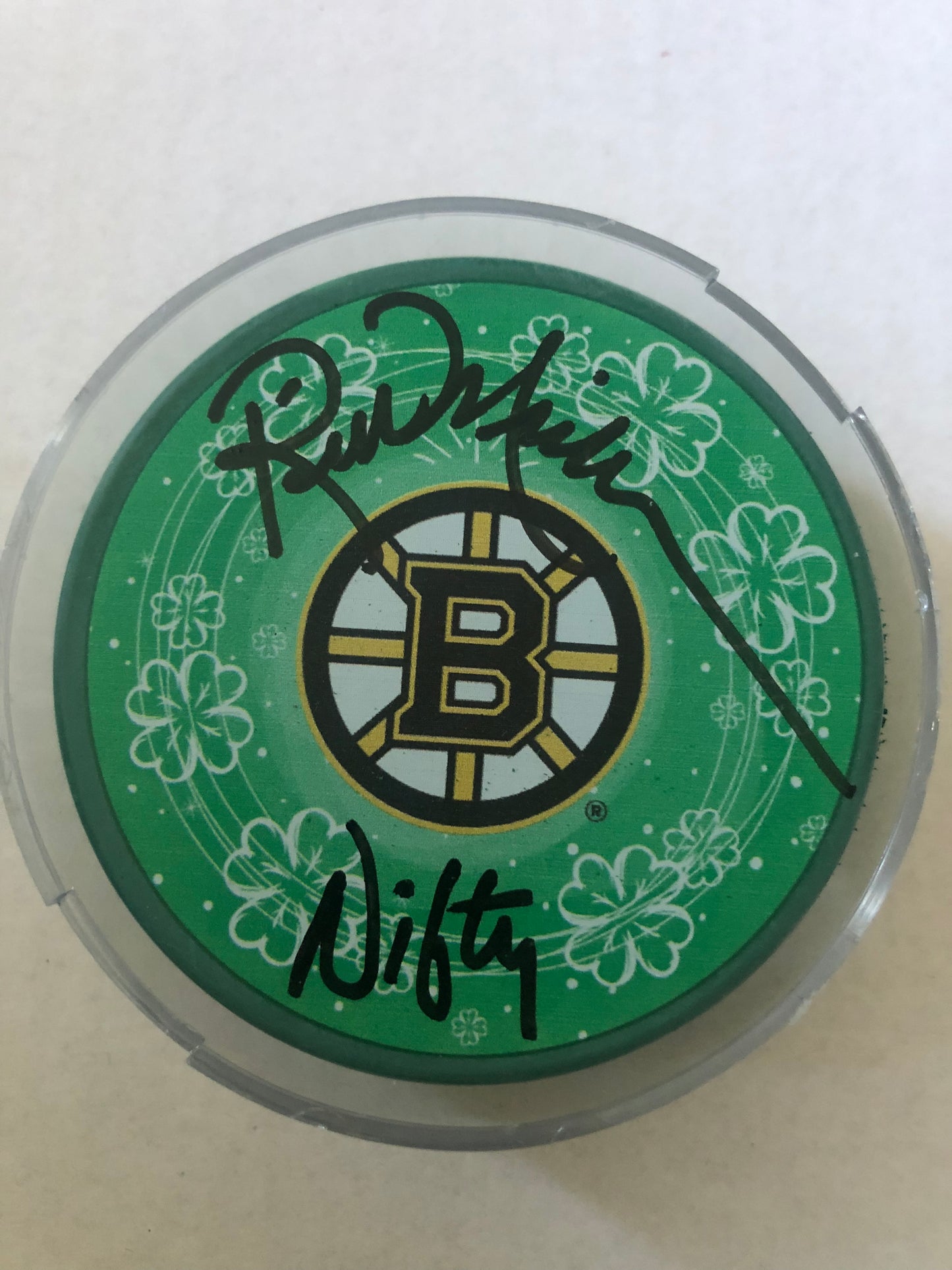 Bruins Rick Middleton signed Irish Green puck  with Nifty inscription and COA