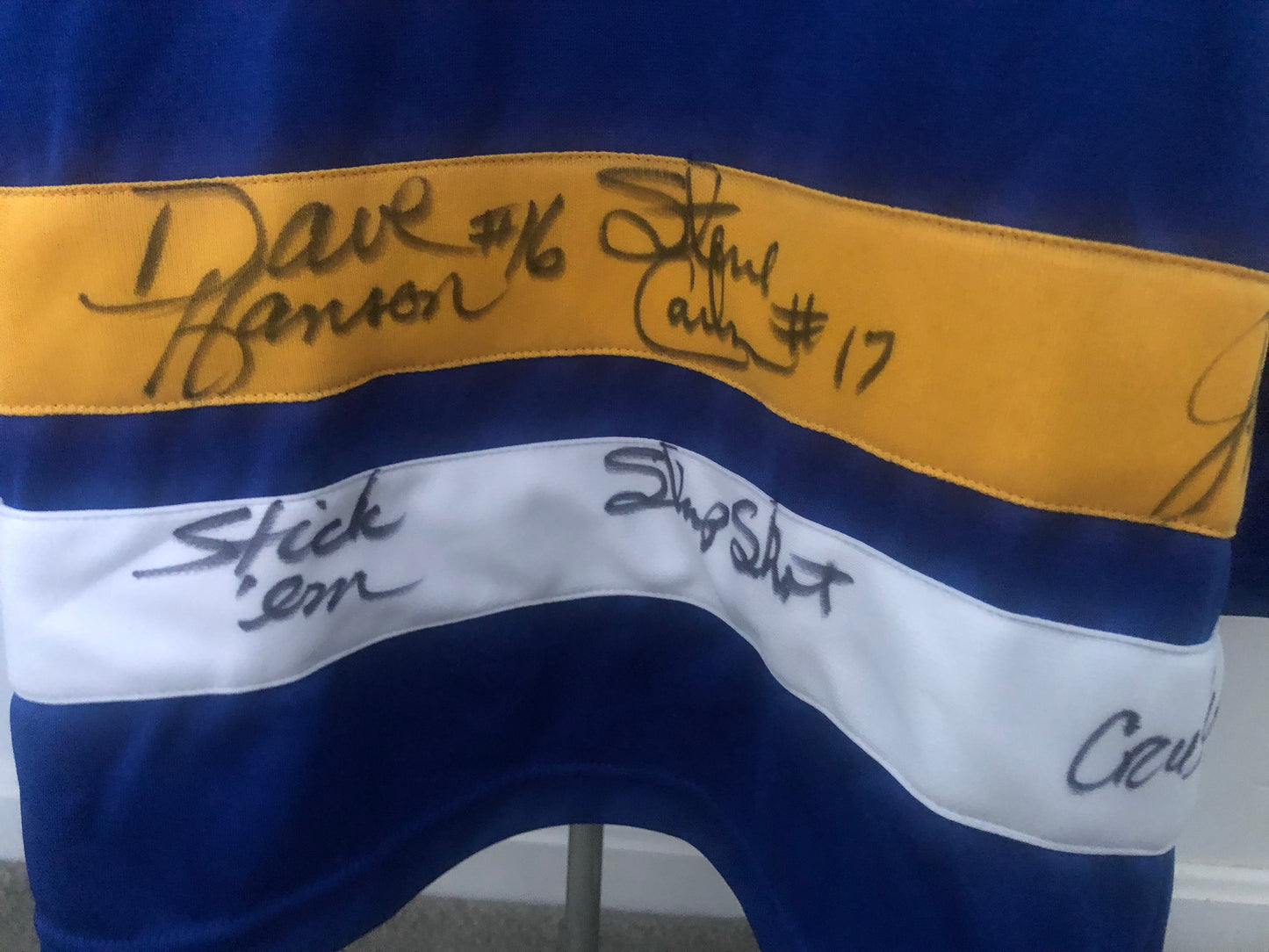 Slap Shot's  Hanson Brothers triple signed custom jersey with inscriptions and JSA