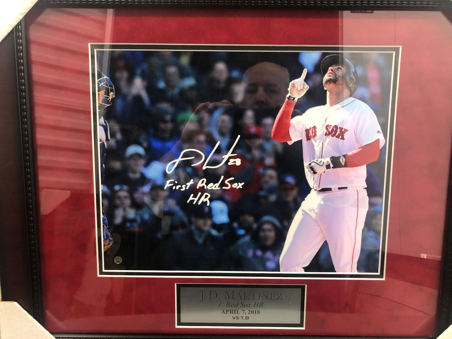 Red Sox JD Martinez signed and framed 11x14 with 1st HR inscription and Steiner Cert